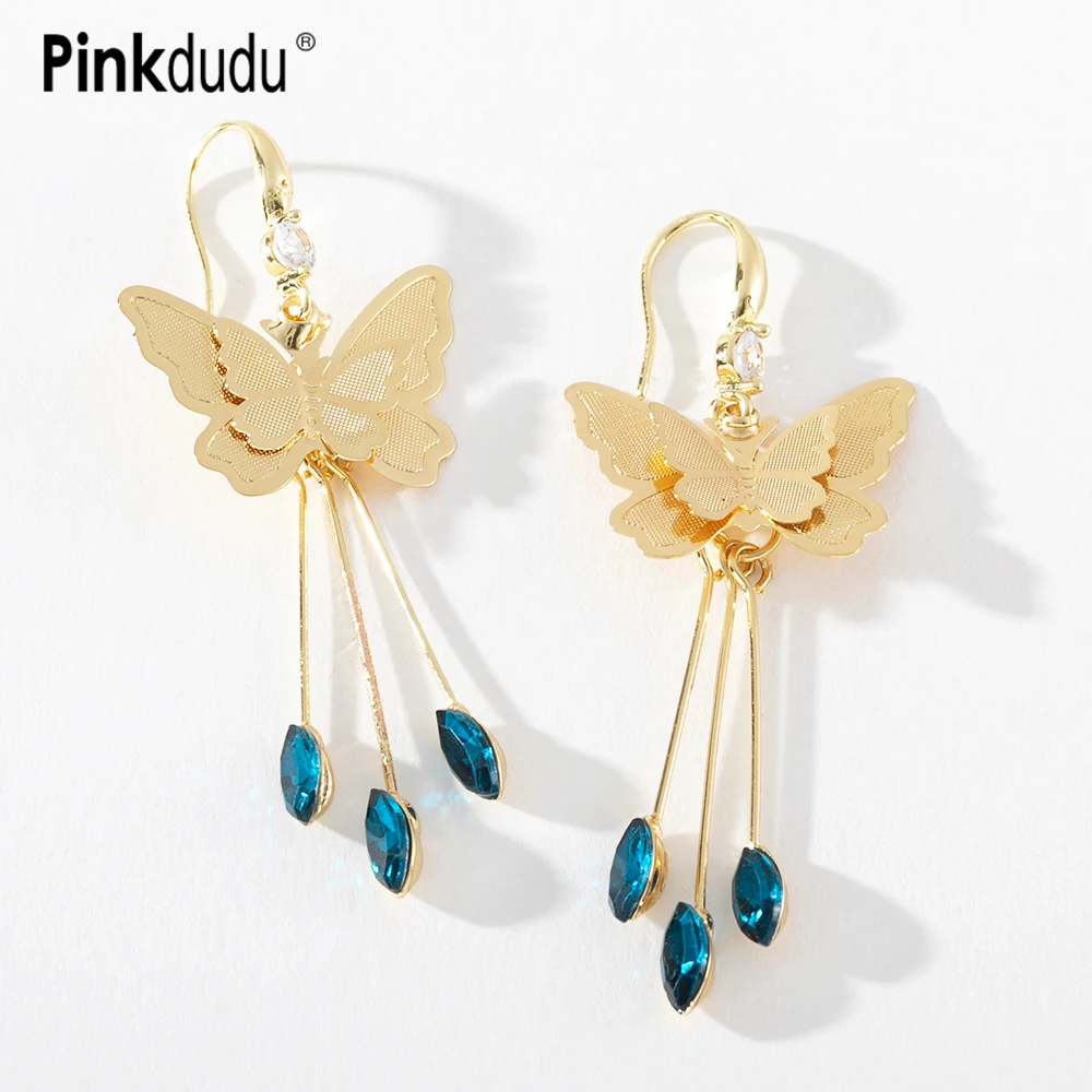 

Pinkdudu Exquisite Butterfly Pendant Earrings Romantic Metallic Insect Blue Rhinestone Drop earrings for Women Gifts PD1127