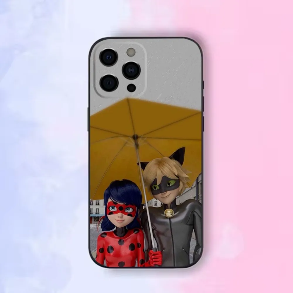 Cat Noir Phone Case For iPhone16 15 14 13 12 Mini 11 Pro XR X XS MAX 7 8 Plus L-LadybugES-S Silicone Cover Soft Black