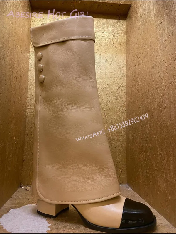 Элегантные ботинки абрикосовой кожи в сложенном виде женские черные до колена с