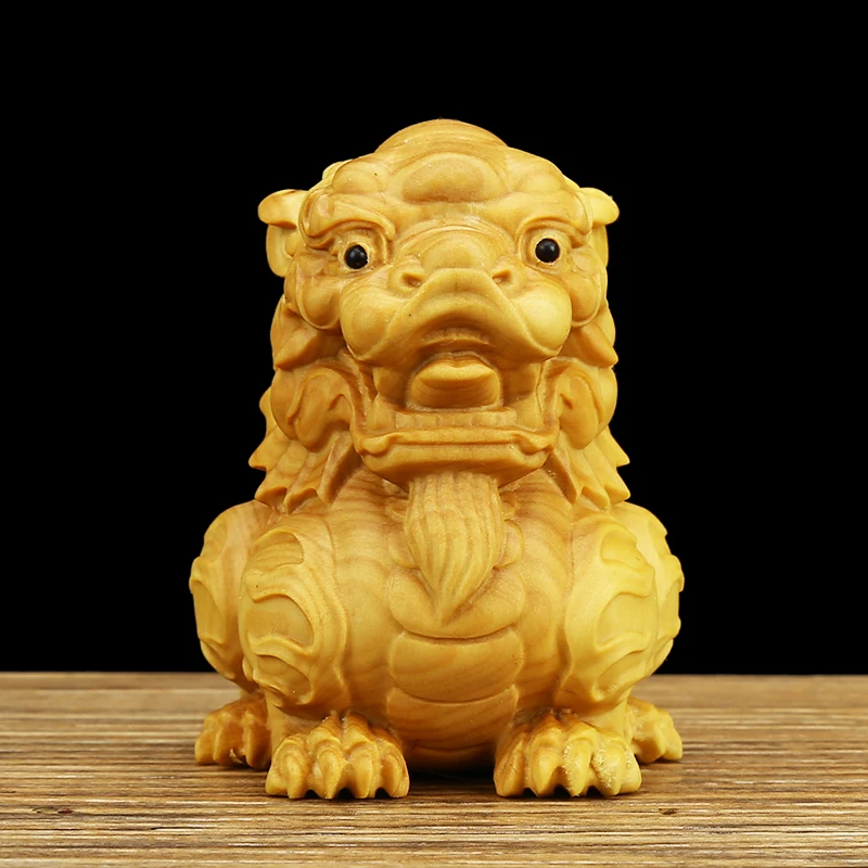 

4.5*4.5*6.5cm Handmade Boxwood Carving Buddhist Antique Kirin Auspicious Lucky Figurine Lifelike Collective Home Putting Crafts