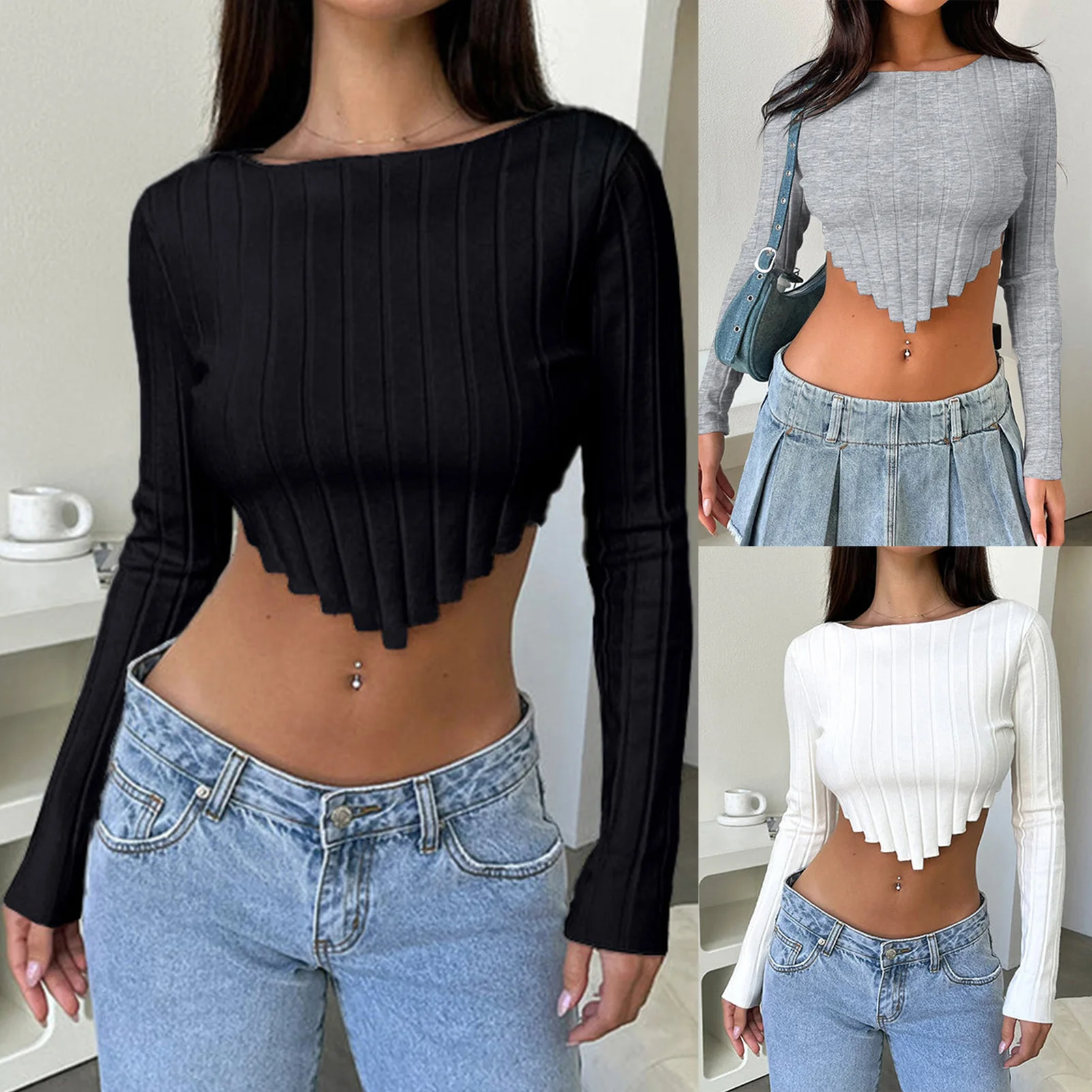 

Lady Fashion Top Long Sleeve Striped Crop Top Slim Fit Solid Irregular Comfy Stretch Square Neck Streetwear Y2k Clothes