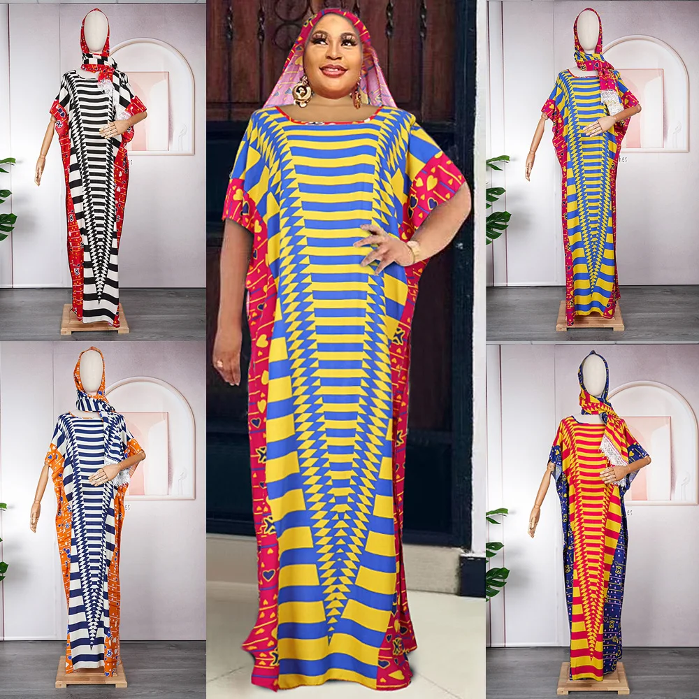 African Chiffon Print Dresses for Women Muslim Hijab Dress Traditional Clothing Boubou Robe Maxi Dashiki Scarf Kaftan Boho Gown