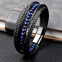 men bracelet genuine leather lapis lazuli beaded bracelets male fashion hiphop waterproof jewelry stainless steel clasp bangle
