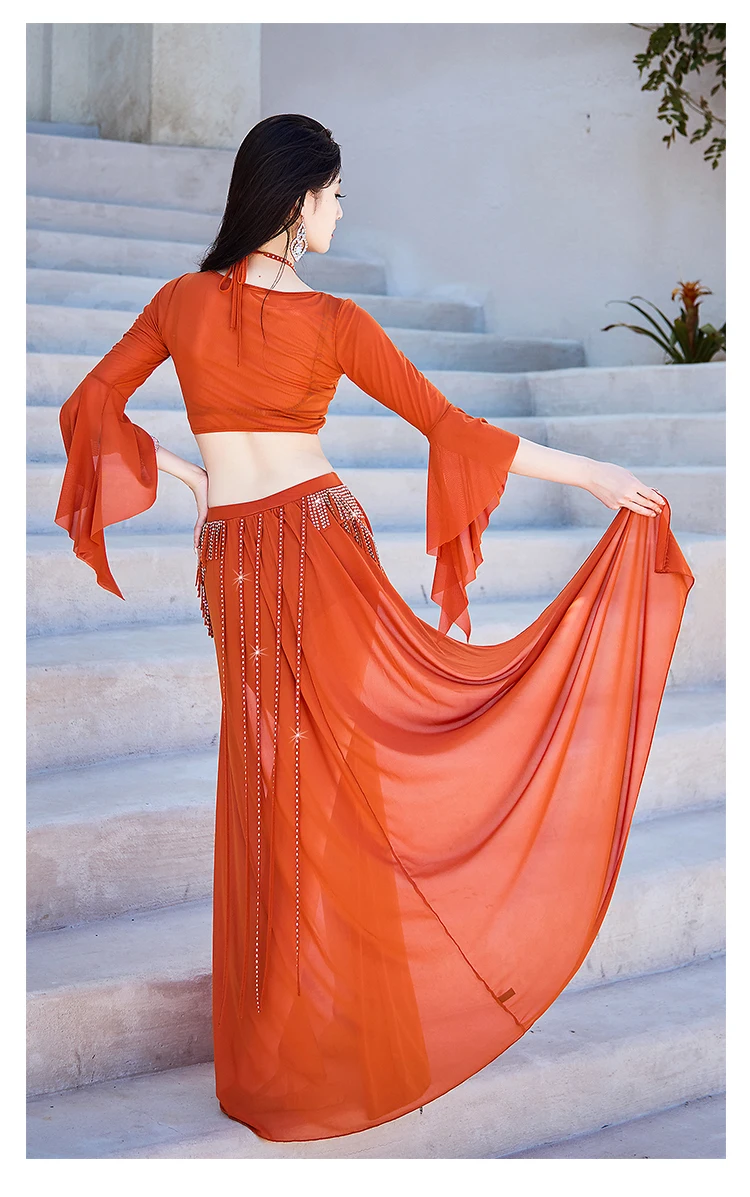 Комплект костюмов для танца живота топ с расклешенными рукавами + длинная юбка
