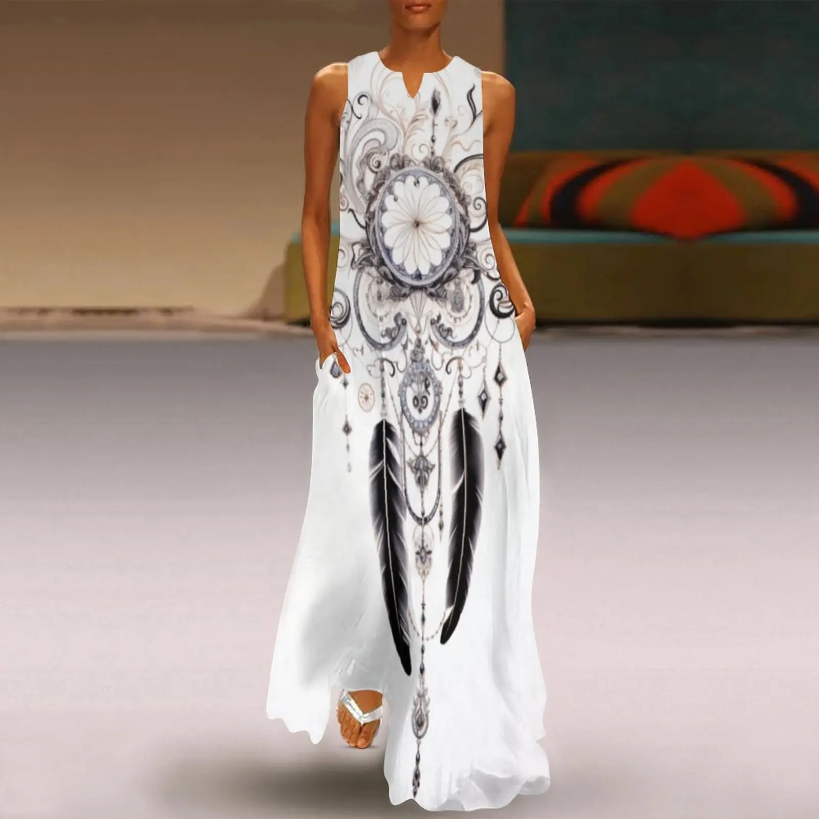 

Летнее женское сексуальное платье в стиле бохо, женское платье с рисунком Ловца снов и перьев, праздничная женская одежда