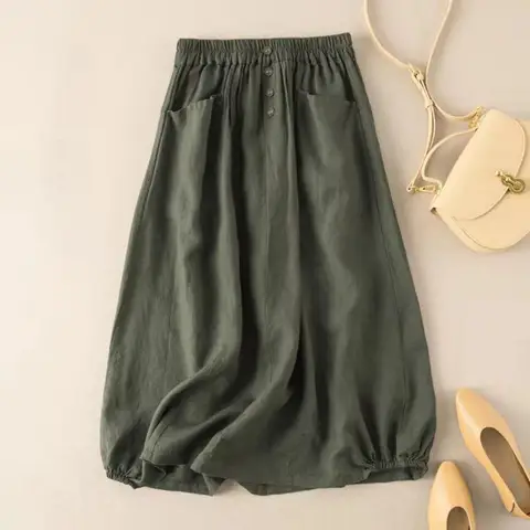 Women Skirt High-Waist Elastic Casual Skirt Waistband Retro Skirt Pockets Buttons Large Hem Midi Skirt Women A Line Skirt