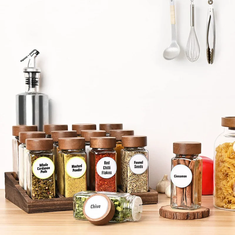

120ML Wood Cover Glass Spice Jars Square Transparent Bottle Seasoning Jar Hot Spice Bottle with Holes Scattering Powder Jar