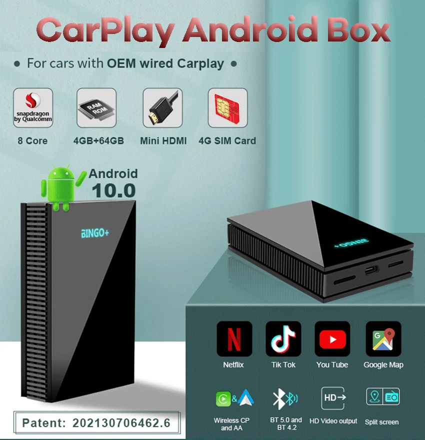 

Carplay AI BOX Android 10.0 Wireless Carplay Android Auto Adapter Car Multimedia Player Snopdragon 8Core 4+64G WiFi 4G Network