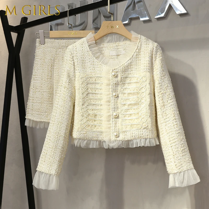 M GIRLS Small Fragrance  New Spring Fall Skirt 2 Piece Set Women Luxury Buttons Woolen Tweed Jacket Short Coat + Skirt Suits