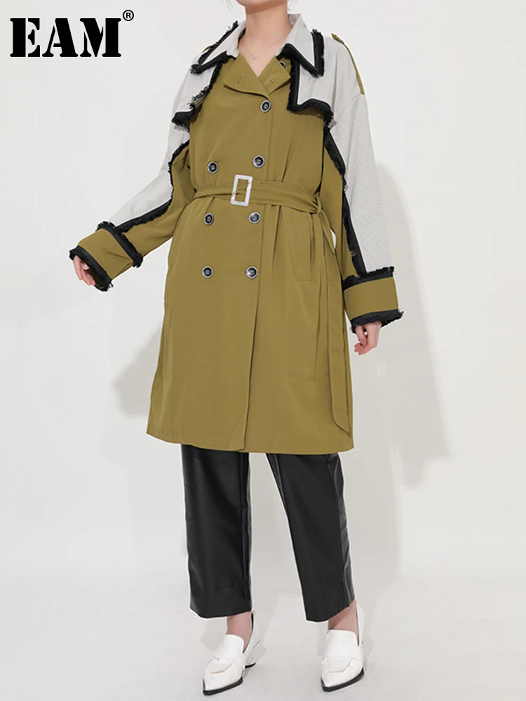 

[EAM] Women Green Tassels Big Size LongTrench New Lapel Long Sleeve Loose Fit Windbreaker Fashion Tide Spring Autumn 2022 16R225