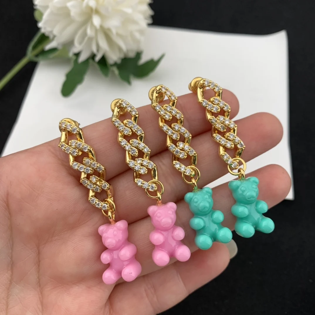 

European and American fashion simple full diamond chain Bear Pendant Earrings