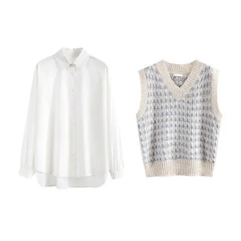 Женский костюм из трех предметов Повседневная рубашка + свитер прямые джинсы в