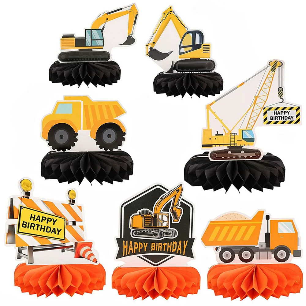 

7PCS Engineering Construction Honeycomb Topper Layout Tabletop Dump Cone Excavator Zone Car Center Table Birthday Party Decor