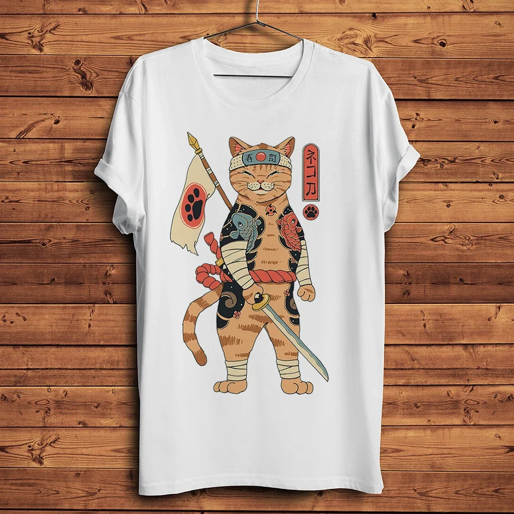 Фото Koi Tattoo Lucky Neko Cat Shogun Samurai Yamaguchi Gumi Забавная аниме-футболка Мужская белая повседневная футболка унисекс Уличная футболка №1