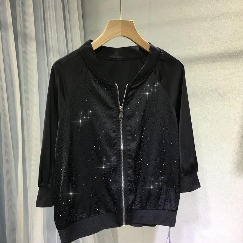 

Shiny Diamonds Women Jackets 2023 New Summer Silky Smoothness Long Sleeve Cardigans Top Hot Drilling Black Zip Coat Stand Collar