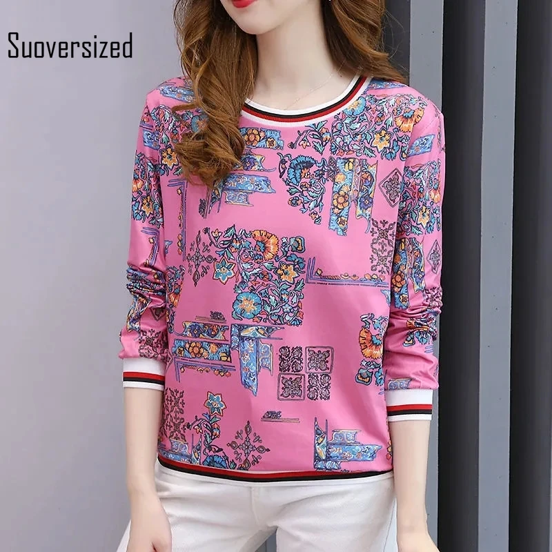 

Spring Korean Women Printed Design Tops Satin Elegant O Neck Streetwear Plus Size 4XL T-shirt Female Casual Full Sleeve Tees