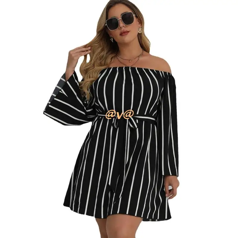 

Женский летний сексуальный мини-сарафан с открытыми плечами в полоску с длинным рукавом и поясом, повседневное свободное короткое платье