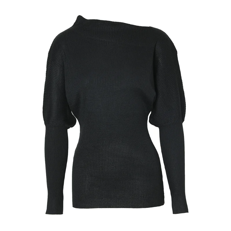 Sweaters Women's Oblique Collar Irregular Design Black Autumn and Winter New Style Waistband Bubble Sleeve Knitted Top