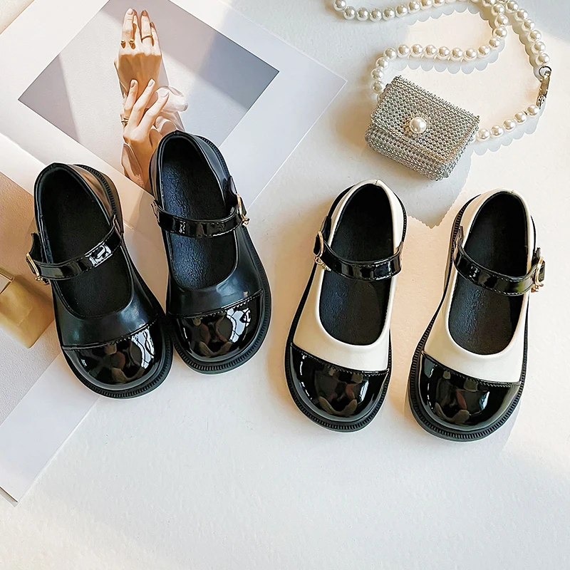 

Children Leather Shoes Fashion Patent Leather Girl's Flat Shoes Black White Vintage School 23-37 Toddler Kids Princess Shoes