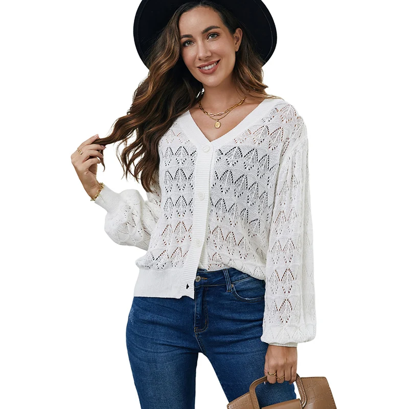 

Women Cardigan Autumn Fashionable Solid Hollow Out V Neck Loose Street Wear Lady Sweater Casual Long Sleeve Female Clothes