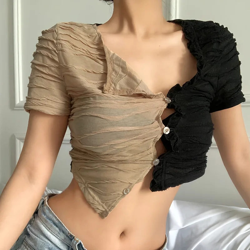 

2023 Women's Top Pure Desire Hot Girl Women's Clothing Contrast Color Stitching Pleated Asymmetric Hem Short-sleeved T-shirt