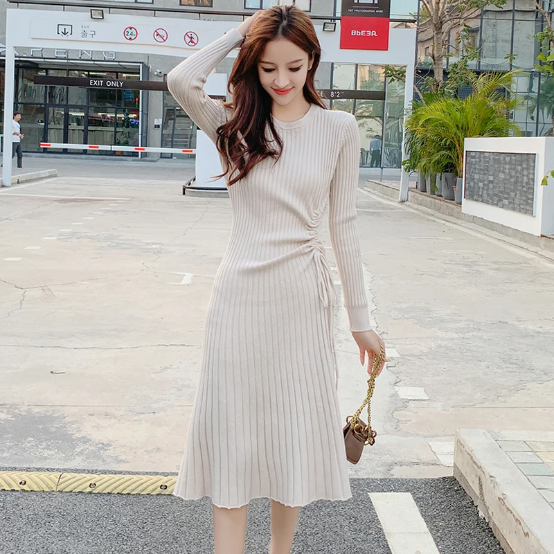 

Spring and Autumn Knitting Midi Dress for Women Fashion Shirring Black Dress Casual Elegant Draw String O Neck Dresses