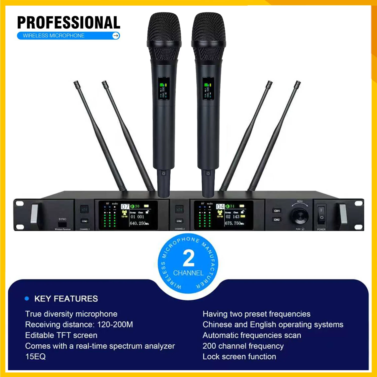 Aduzic AD80S True Diversity 2 Channel Wireless Microphone System 640-690Mhz Handheld Dynamic Mic Professional Stage Microfono (art.: 3920d2df4e724) - 3920d2df4e724