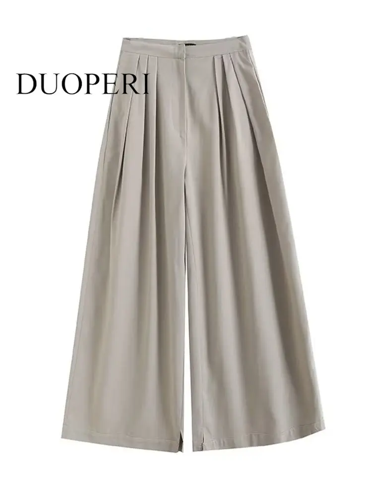 

DUOPERI Women Fashion Gray Pleated Front Zipper Wide Leg Pants Vintage High Waist Full Length Female Chic Lady Trousers