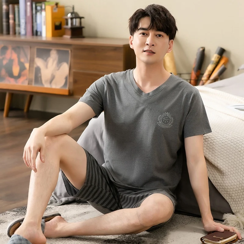 

2022 Summer Modal Plus Size Casual Striped Short Sleeve Pajama Sets Men Korean Loose Sleepwear Pyjama Male Homewear Home Clothes