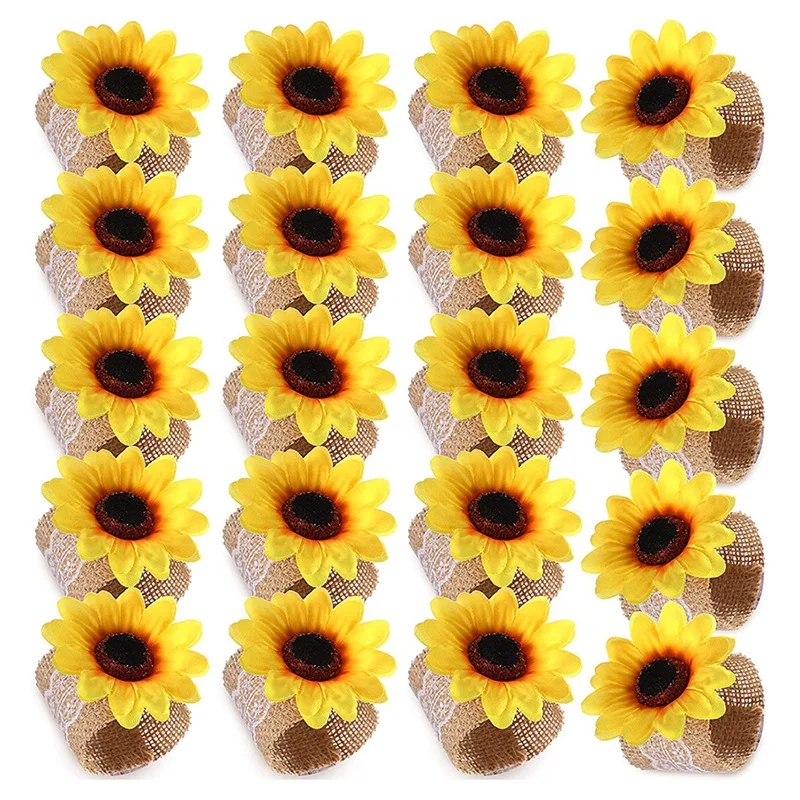 

20 Pieces Sunflower Napkin Ring Holder Yellow Flower Napkin Lace Linen Buckle For Wedding Banquet Christmas Dining Table