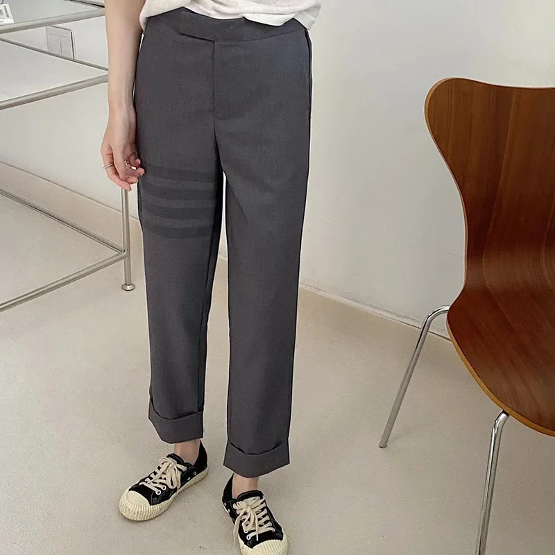 TB Thick Trousers Women's Spring and Autumn New Gray Pants Casual Trousers High Waist Thin Smoke Tube Pants Straight Suit Pants
