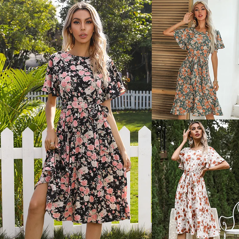 

Женское платье с круглым вырезом, плиссированное приталенное платье средней длины с цветочным узором в виде листьев лотоса, лето 2021