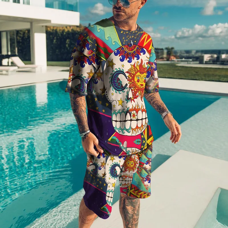2023 Summer New Men's Fashion Casual Sports Short Sleeve Shorts Two Piece 3D Digital Printing Skull Head Street Retro Clothing