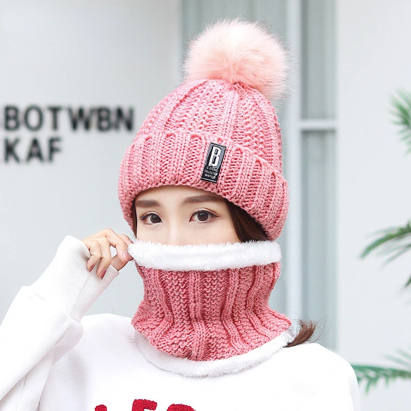 

Cute Fur Pom Pom Ball Winter Hat for Female Fashion B Label Knitted Beanies Skullies with Fleece New Warm Thick Female Cap шляпа