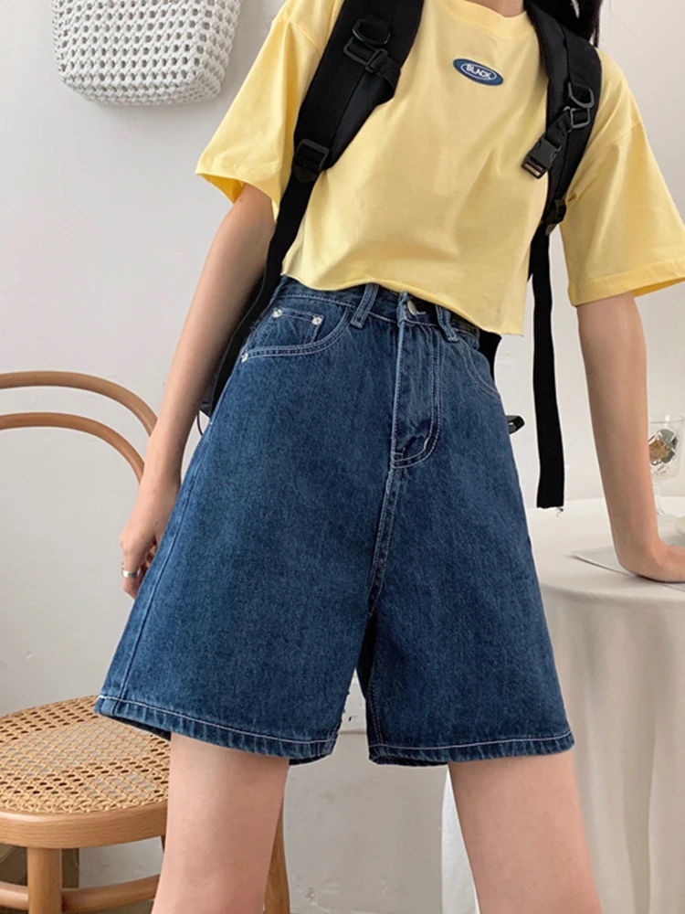 New Summer Women Wide Leg Button Blue Denim Shorts Streetwear Female High Waist Loose Jeans Shorts Bottoms