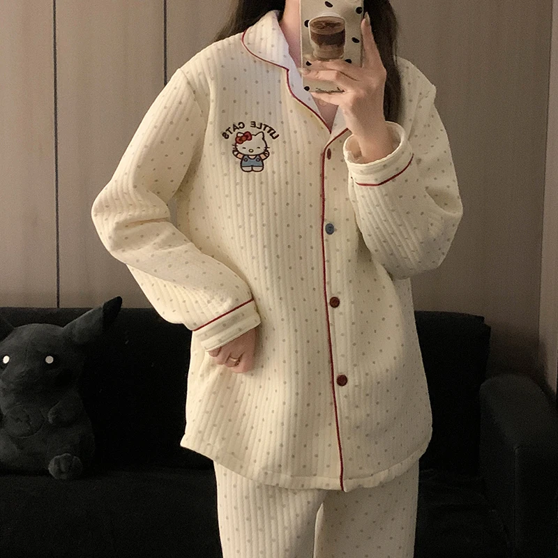 Polka Dot Cute Hellokit Sweet Girl Sandwich Cotton Pajamas Spring and Autumn Winter Air Quilted Homewear