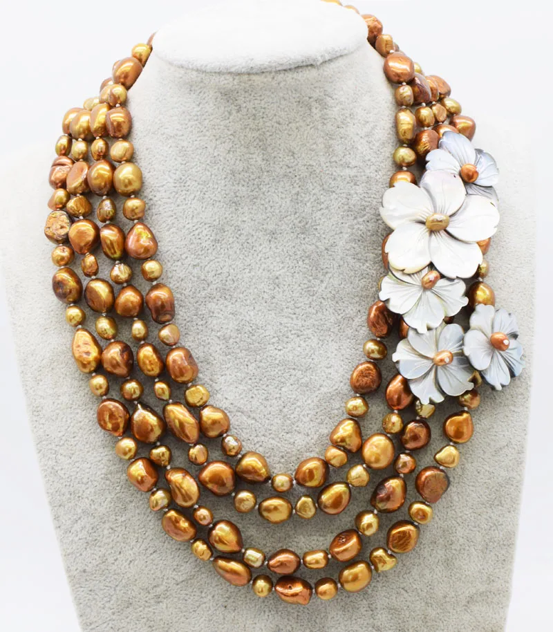 

WOW! 4rows freshwater pearl brown baroque 8-13mm necklace 17-19inch nature wholesale