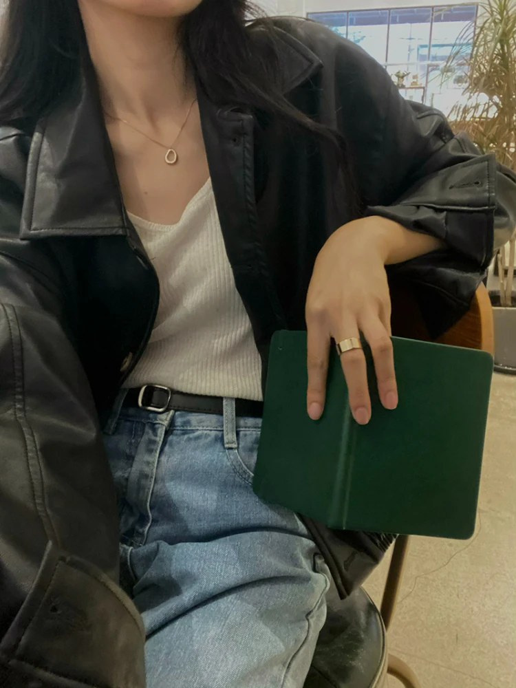 Vintage Korean Leather Jacket Women 2022 Autumn Warm Long Sleeve Loose Biker Coats Female Black Streetwear Chic Jacket Outerwear