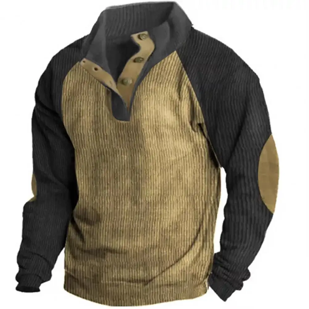 

Men Long Top Vintage Style Men's Sweatshirt with Stand Collar Button Decor Patchwork Design for Casual Fall Spring Fashion