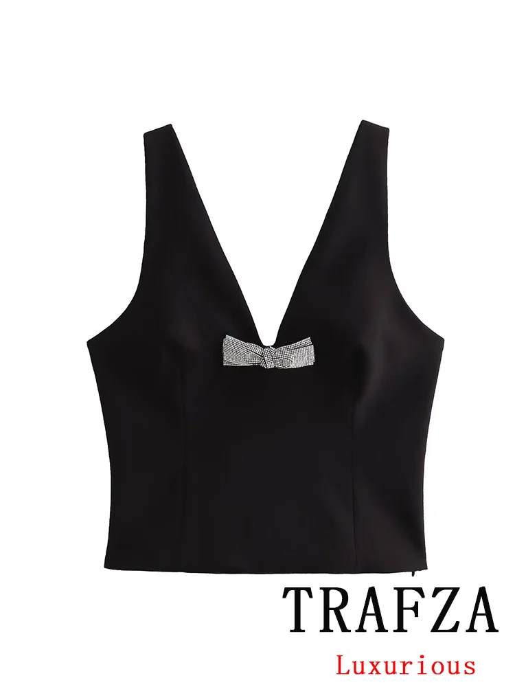 Женский винтажный топ с бантом и V-образным вырезом без рукавов