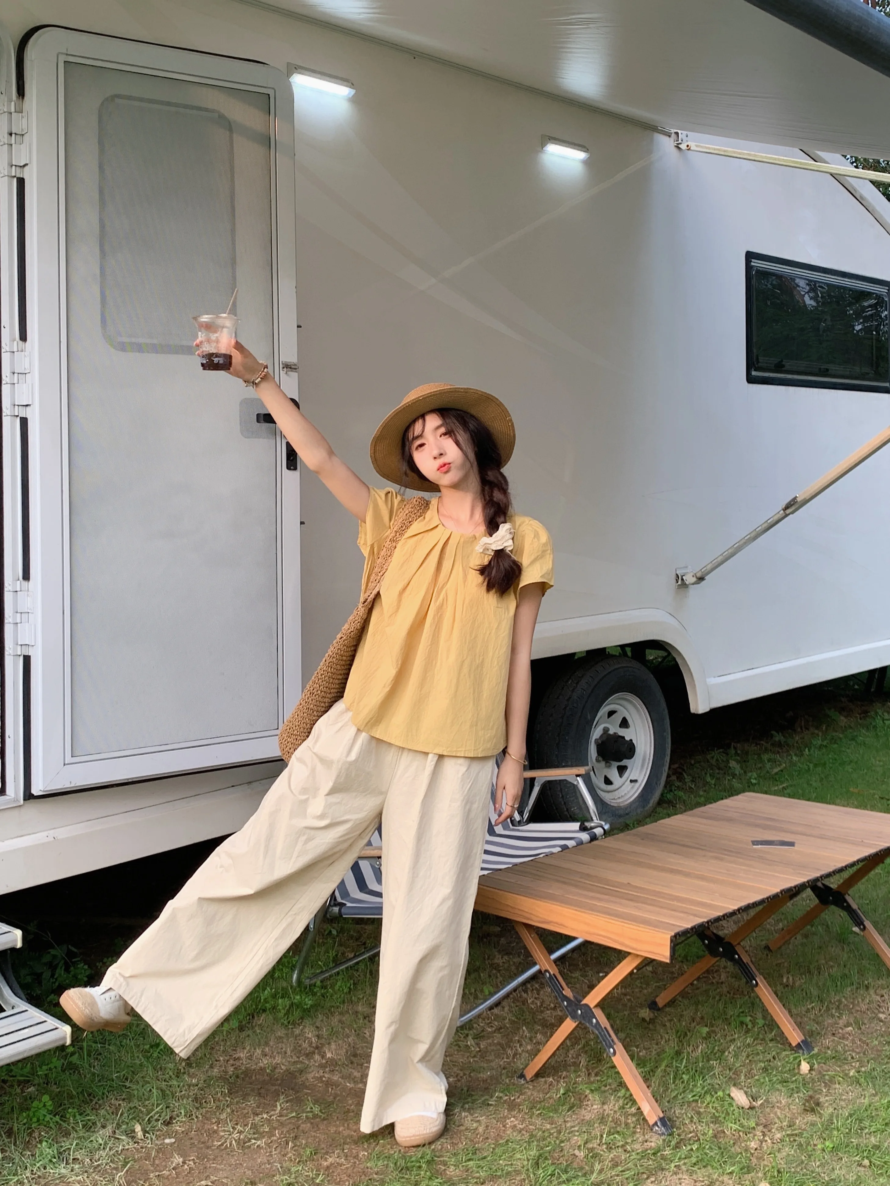 Plus Size WW Weiweijia Plus size round Neck Pleating Short sleeve Top + Elastic Waist Loose Wide Leg Pants Two-piece Set Slim...