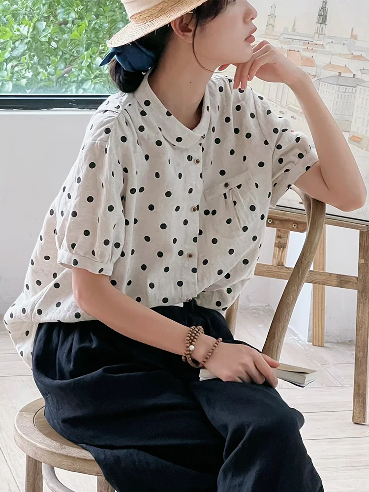 

Polka Dot Single Breasted Commuter Women Summer 2023 Thin Cotton Pockets Basice Loose Shirts Arts Style X7798