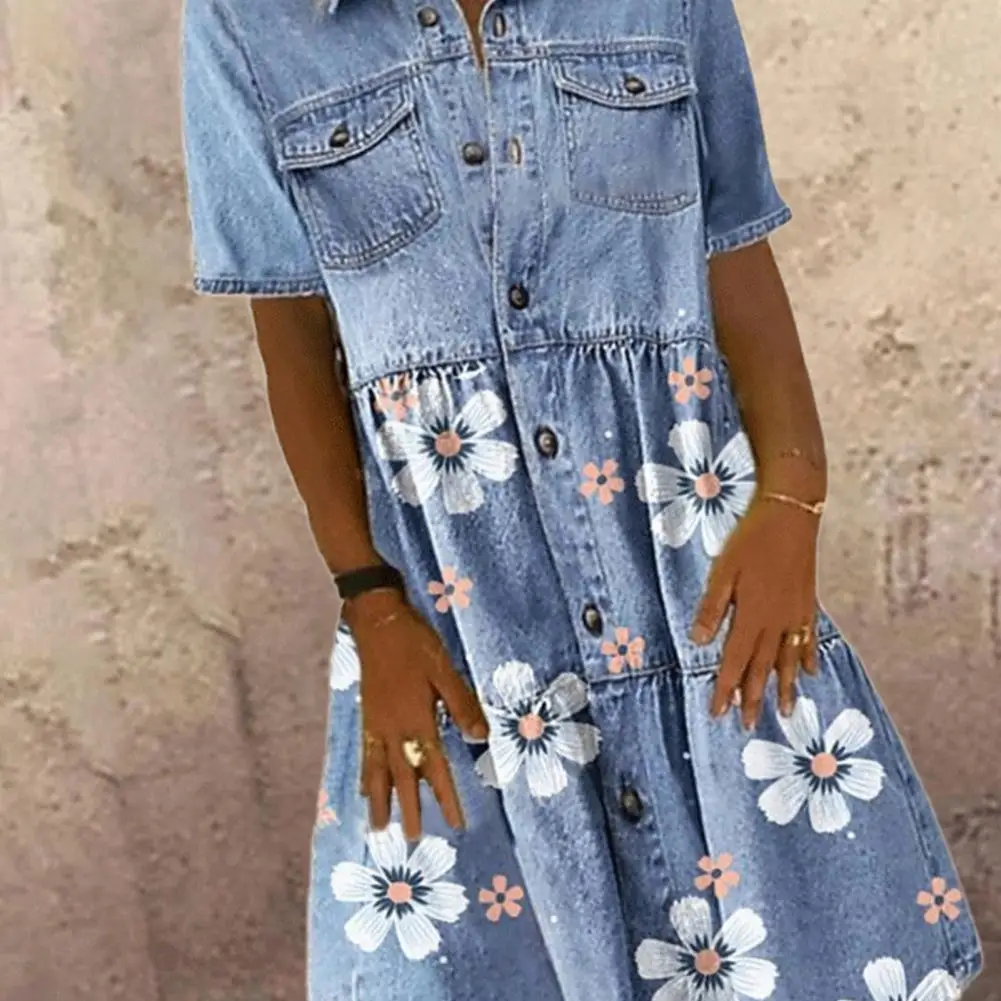 

Comfortable Women Floral Print Single-breasted Loose Denim Dress for Date
