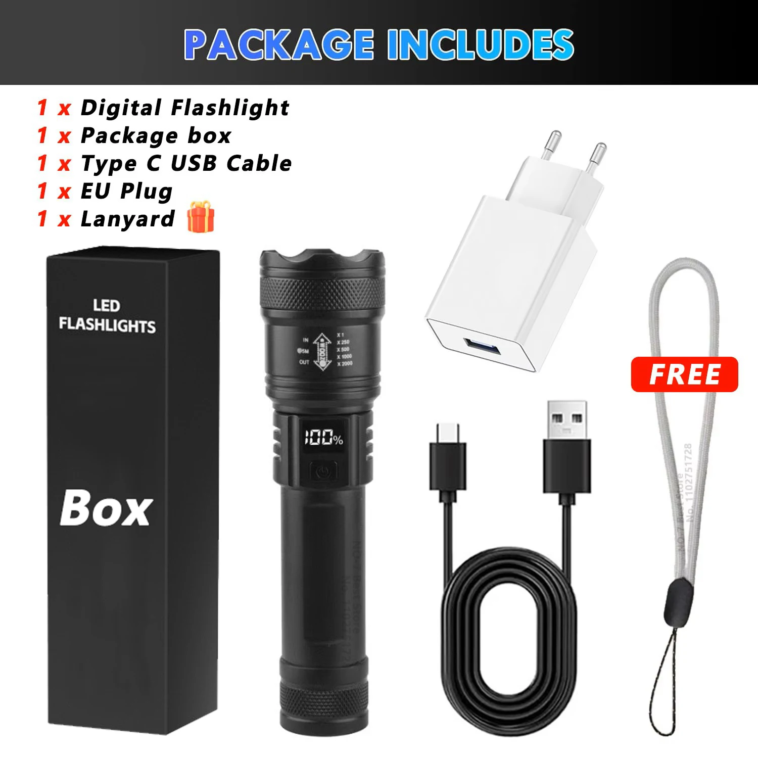 

Тактический фонарь LED 2000LM USB зарядка