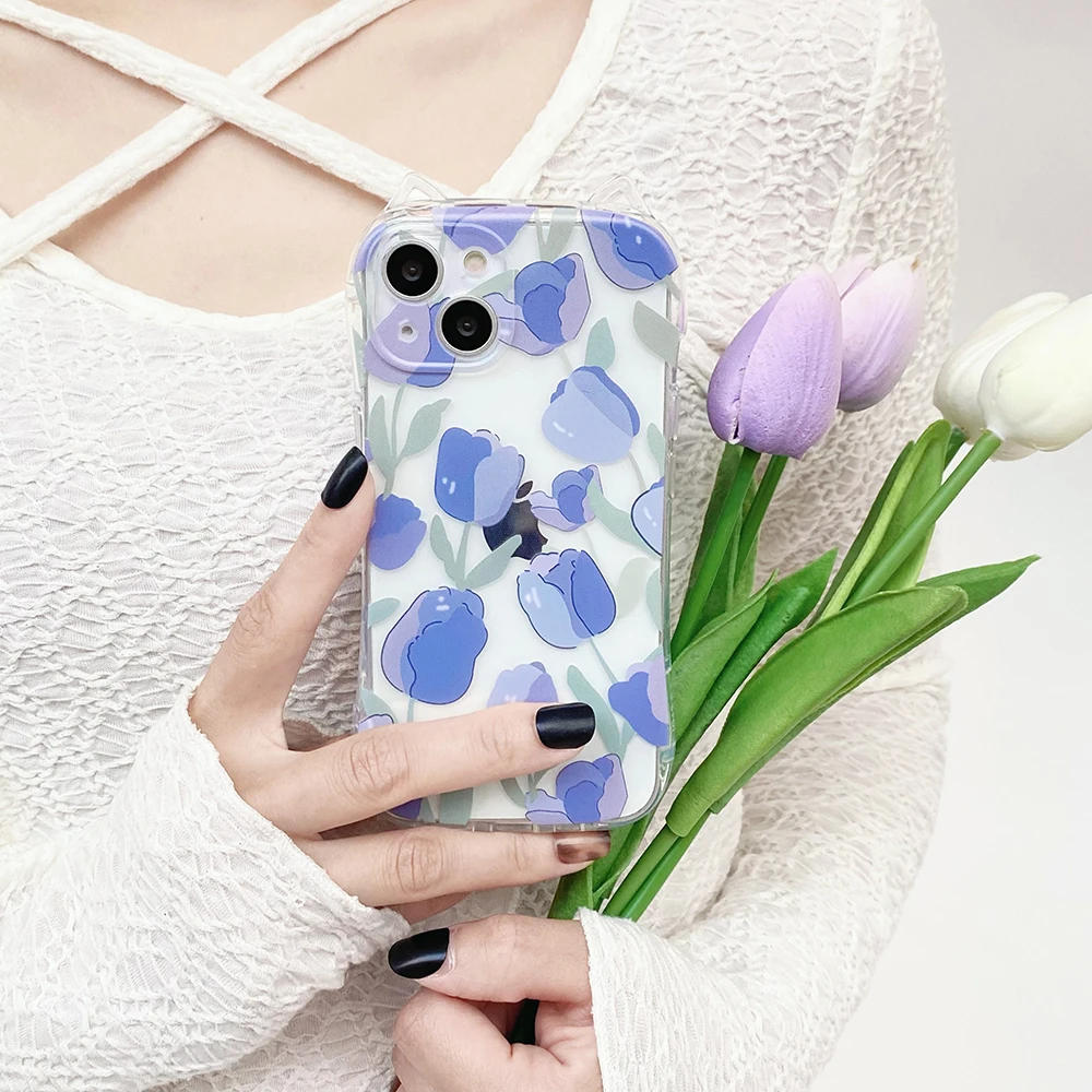 

Small Fresh Blue Tulips Funda Coque for Iphone 13 11 12 Pro Max Case Cat Ear for Iphone XS MAX 7 8 Plus Case Solid Color Shell