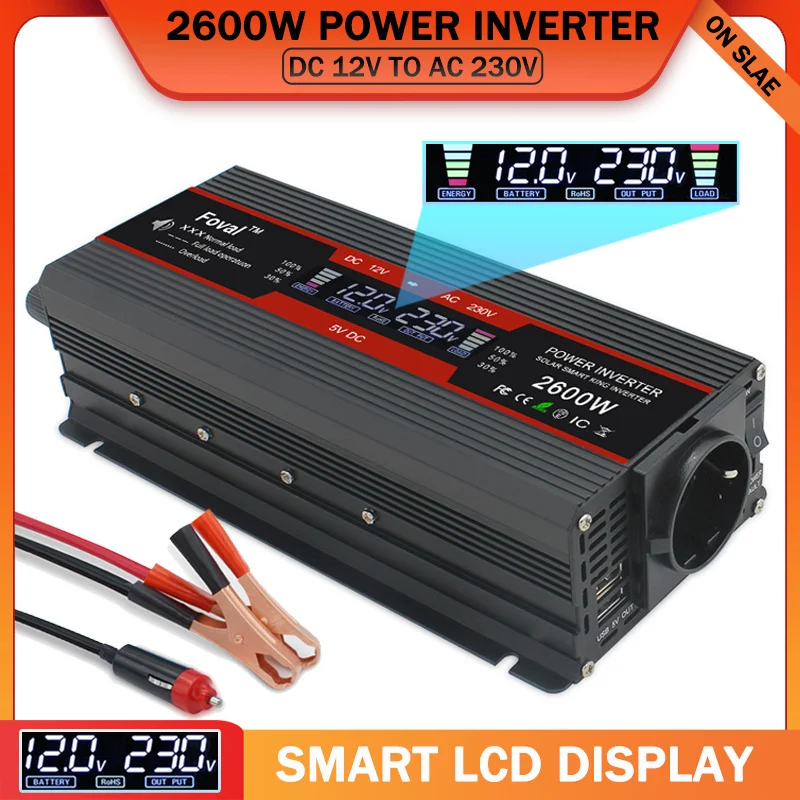 

DC 12V To AC 230V 1500W/2000W/2600W/3000W Peak LCD Voltage Digital Display Converter With Dual USB EU Socket Car Power Inverter