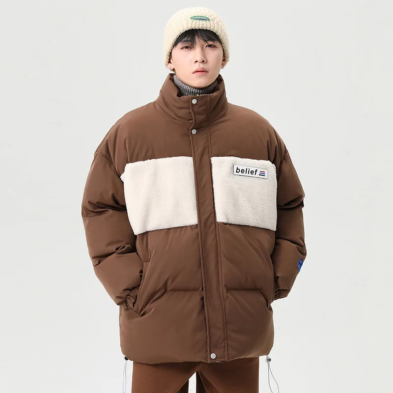 Mens Fashion Thickened Stand Collar Color Contrast Warm Winter Coat  Loose Casual Coats Outdoor High Collar Sports jackets