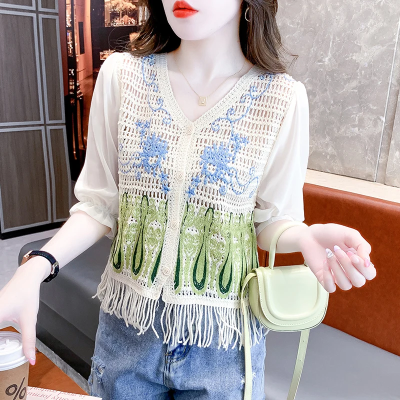 

2023 Summer Clothes Cardigan Knitted T-Shirt Women Chic Sexy V-Neck Single-breasted Spliced Tassels Tops Short Sleeve Tees 36096