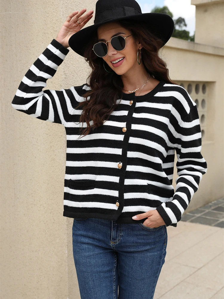 

Fitshinling Autumn Winter Cardigan Women Knitwear Striped Slim Basic Knit Jacket Female Buttions Up Vintage Long Sleeve Tops New