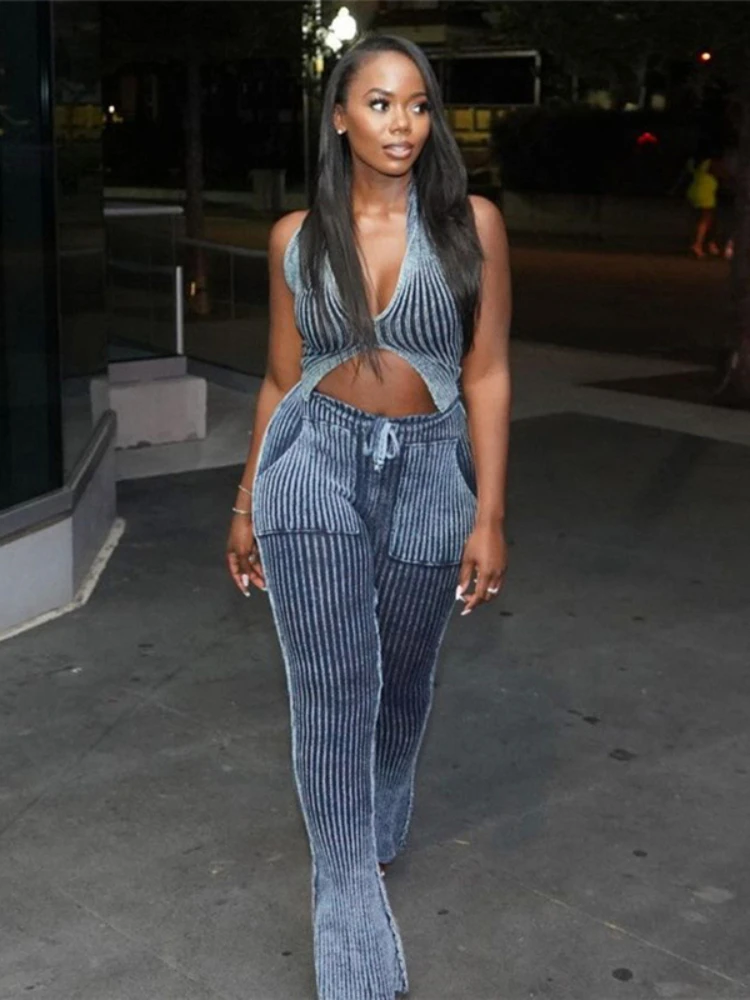 

Stripe Knitted Two Piece Pants Set Autumn Sexy Backless Crop Tops + Long Flare Pants Female Casual Streetwear Matching Sets 2023